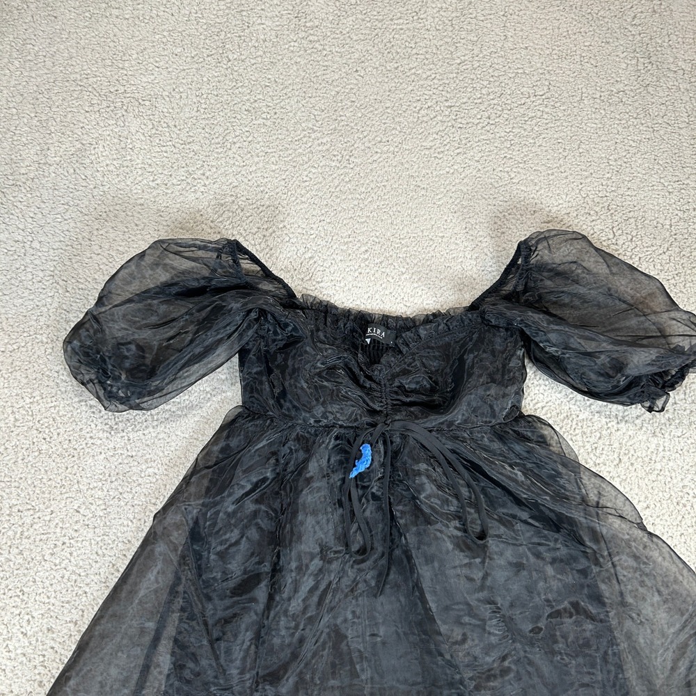 Akira Black Sheer Organza Puff Sleeve Babydoll Mini Dress MD2846 Size S - Picture 2 of 9